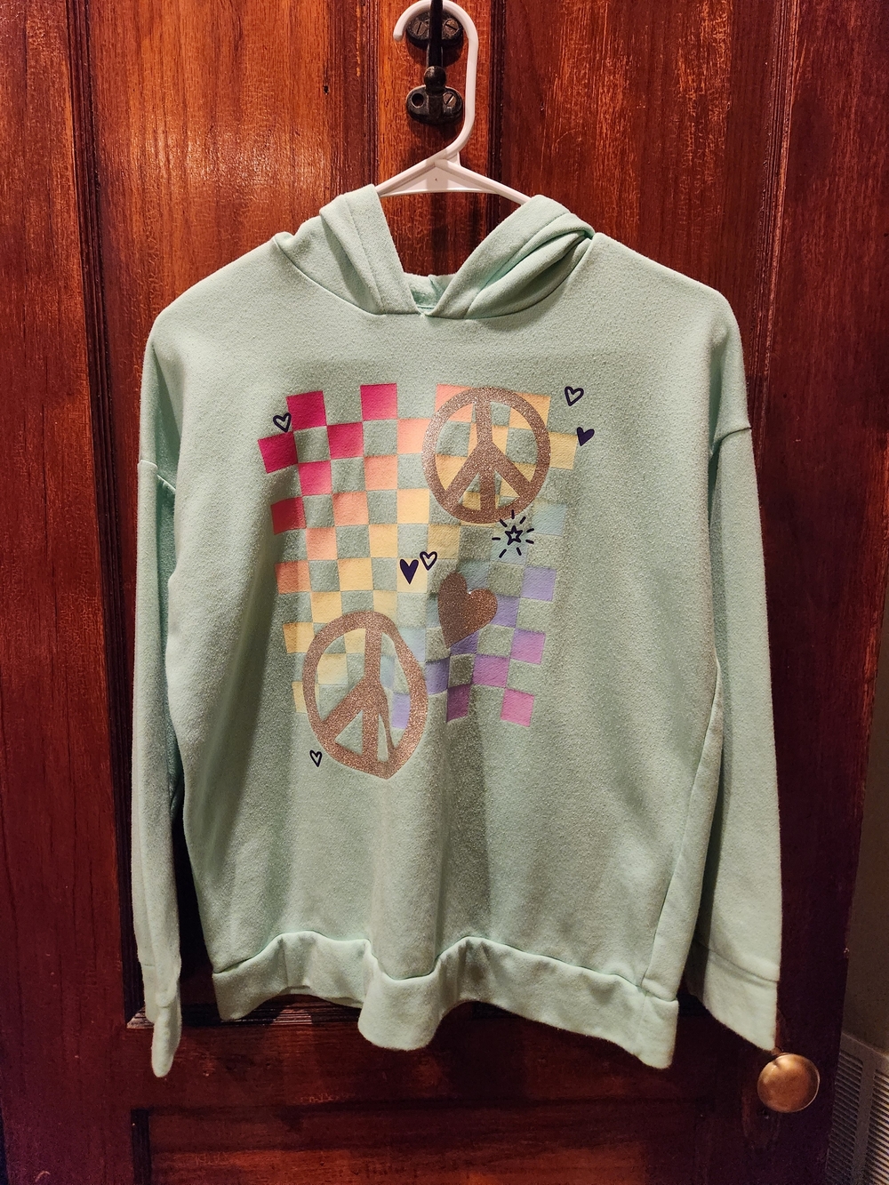 EUC The Children's Place Mint Green Hoodie with Multicolor Peace Signs